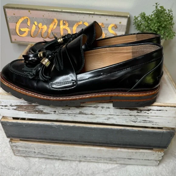 Stuart Weitzman Black Leather The Manila Tassel Slip On Loafers